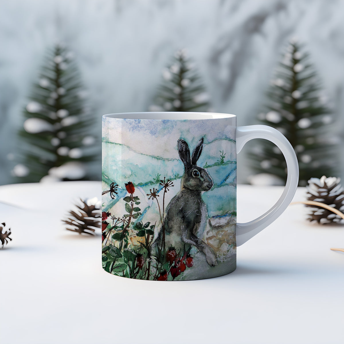 Festive Hare and Berries Christmas mug